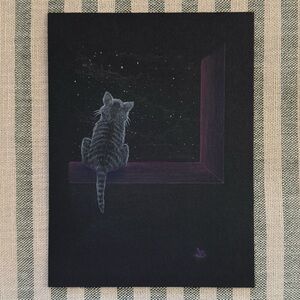 Night Window Cat - Original Pencil Drawing - Desk/Wall Art 6”x8”